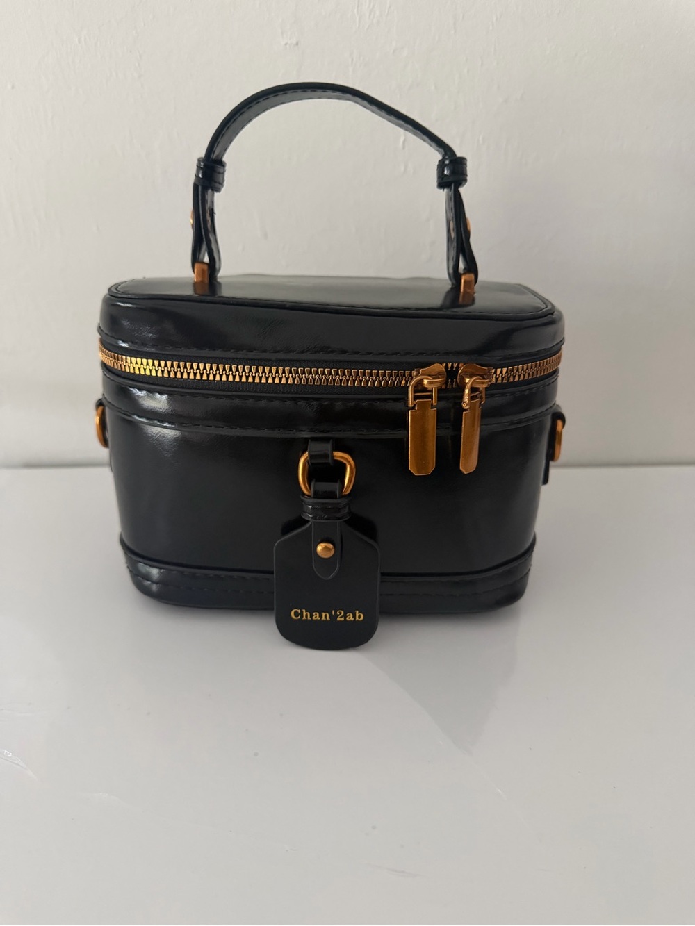 Black Patent Top-Handle Vanity Bag